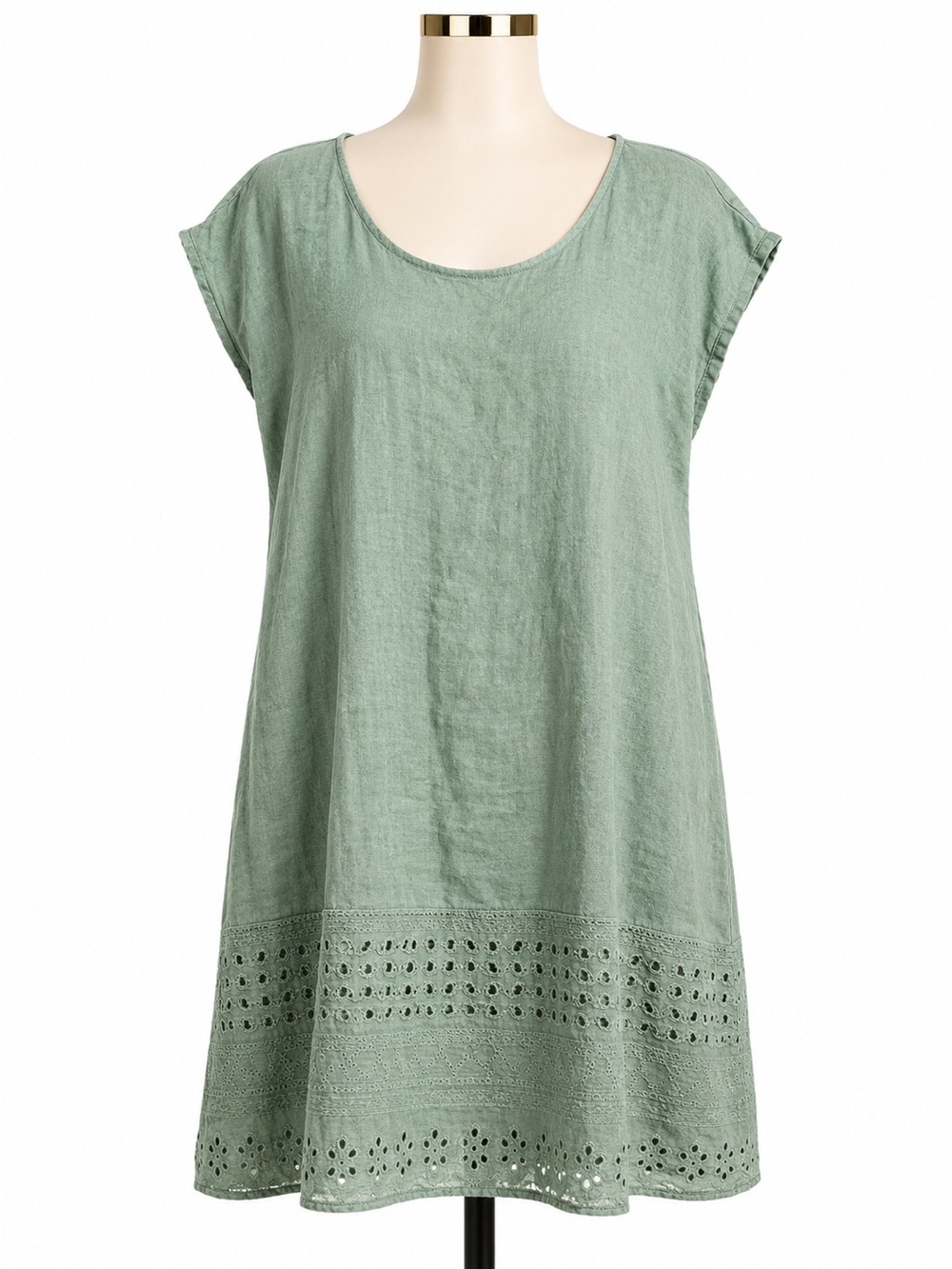 Linen/cotton made in Italy  Scoop Neck Short Sleeve Dress in Sage